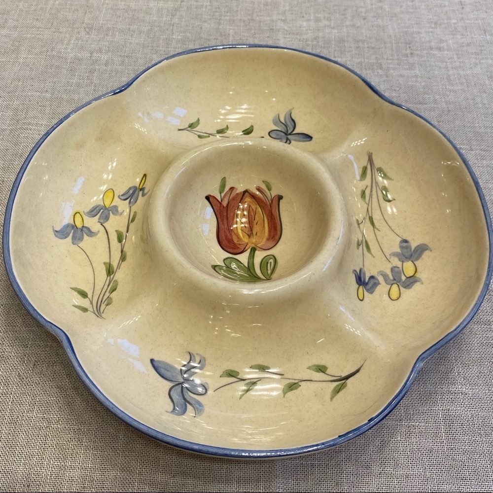 Ceramic divided platter for chips/veggies and dip.